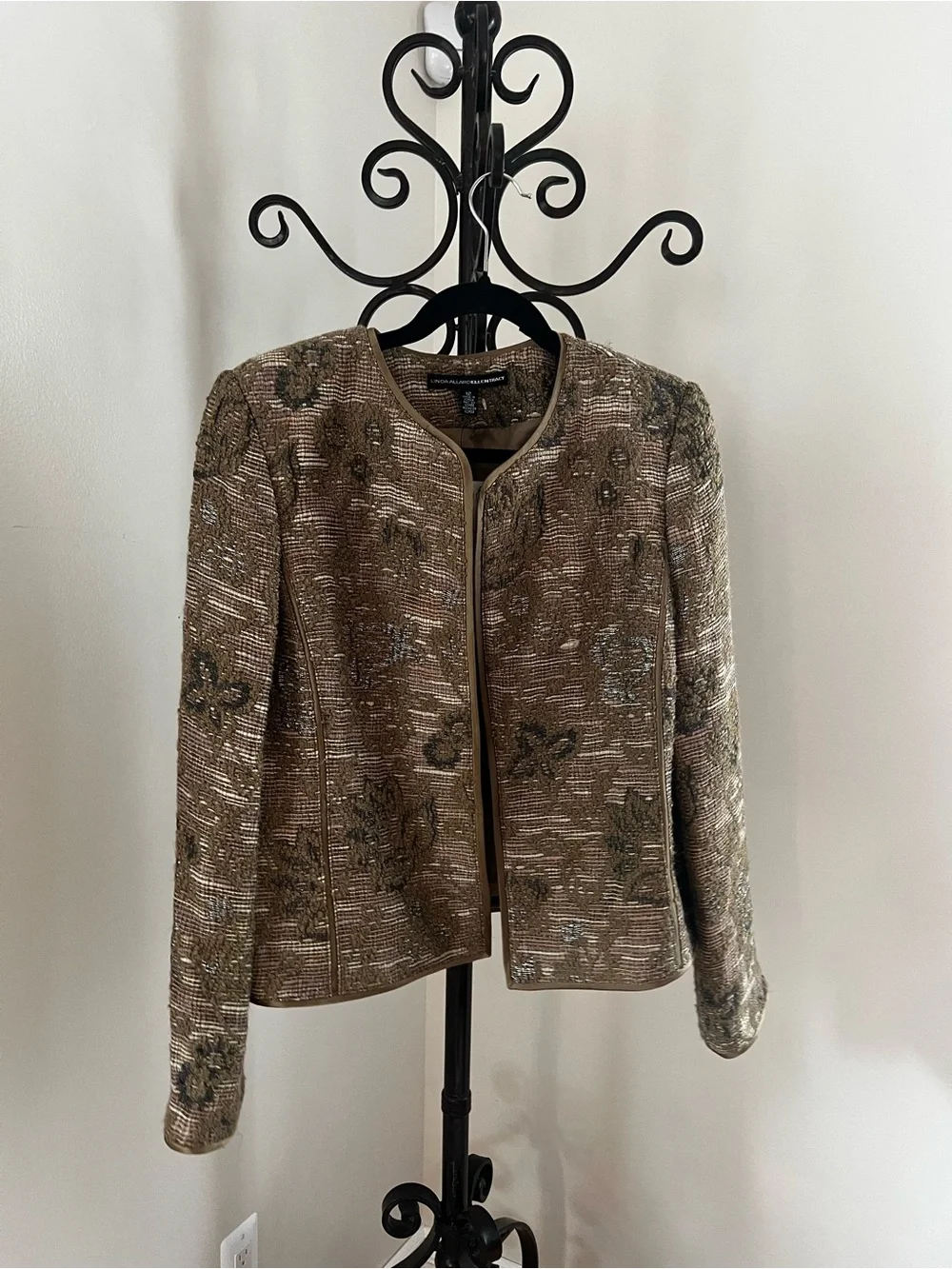 Ellen Tracy Metallic Tweed Floral-Embellished Jacket - Taupe - Picture 1 of 5
